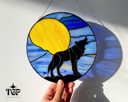 Moon Stained Glass Pattern – Beginner Howling Wolf Suncatcher Template PDF - Etsy