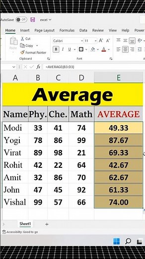 Average Formula in Excel | How to Calculate Average #shorts #asmr #computer #excel