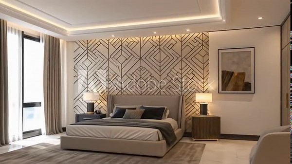 Modern bedroom retreat video revealing stylish geometric wall design and tranquil ambiance ideal for luxury home tours and interior design reels