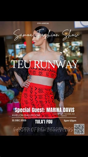 Get your Early Bird Tickets NOW to the 5th Annual Samoa Fashion Show! 🎉 Special Guest: Marina Davis ✨ Prices are going up soon, Oct. 25th so lock in your spot today! We’ve got an incredible lineup of designers ready to showcase their work, and we’ll be announcing them on October 11th. Are y’all ready to make some NOIIIIIIZE?! 🔥 Everyone gets the VIP treatment you don’t want to miss this! 👉 Scan the link below for tickets https://ticketscandy.com/e/5th-annual-samoa-fashion-show-teu-runway-1216