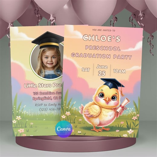 Preschool Graduation Invitation Girl Chick Photo Kids Party Spring Animal Invite - Etsy
