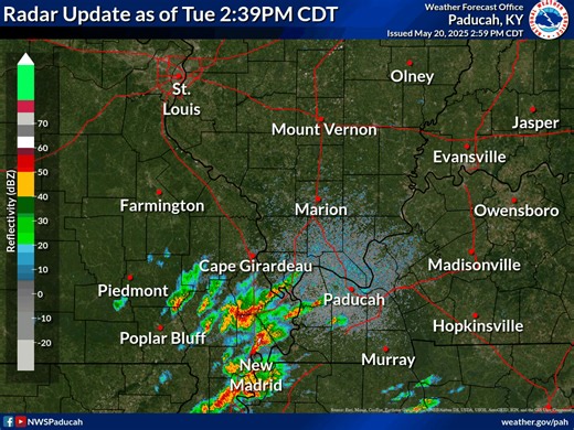 5/20/2025 2:51pm: Radar continues to show strong to severe thunderstorms becoming more widespread near the Mississippi River, moving quickly into western Kentucky and far southern IL. The main threats will be damaging winds to 60 mph and large hail. A couple tornadoes cannot be ruled out over the next few hours! | US National Weather Service Paducah Kentucky