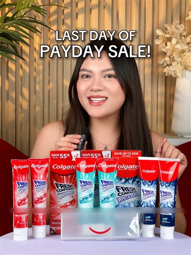 🚨Last day of the Payday Sale! Secure your Colgate favorites now! Checkout before it’s too late! #ColgatePH #confidentsmile #whitening #oralcare #oralcareroutine #TikTokFinds #freshconfidence #paydaysale #purpletoothpaste #opticwhitepurple #totalcharcoal #himalayantoothpaste #colgatetotal #charcoaltoothpaste