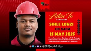 ♦️Listen♦️EFF MP, Commissar Sihle Lonzi Speaks Out on SA FM About Forced Removal from ParliamentEFF MP, Commissar Sihle Lonzi spoke on SA FM today about his forceful removal from a Parliamentary committee by Chairperson Tebogo Letsie. This followed Commissar Lonzi’s question to the Higher Education DG regarding the appointment process of SETA Board Chairpersons. Before an answer could be given, Letsie halted proceedings and ordered Commissar Lonzi’s removal.Following this incident, the Minister 