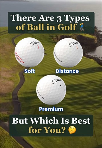 There are 3 types of ball in golf, but which is best for you? 🏌️‍♂️ First is the distance ball. This ball has one job — go long. They’re normally a two-piece design with a hard shell to keep spin low off the driver, so your tee shots fly straighter and squeeze out a bit more distance. The bonus? They’re also the cheapest balls you can buy which is perfect if you’re still donating a few to the trees every round. The downside is around the greens — they spin less because the harder cover doesn’t 