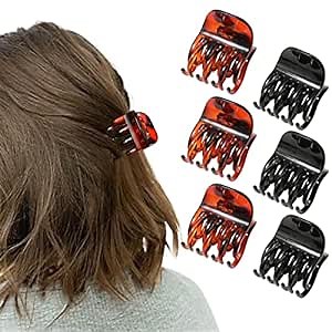 6Pcs Small Hair Claw Clips - 1.3 Inch Hair Clips Nonslip Strong Hold Hair Double Row Jaw Clip for Thin and Thinning Hair Grip Claw Clips For Women And Girls (1.5 Inch, (Amber+Black))