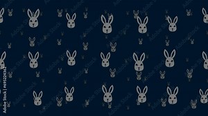 Cute hare head symbols float horizontally from left to right. Parallax fly effect. Floating symbols are located randomly. Seamless looped 4k animation on dark blue background