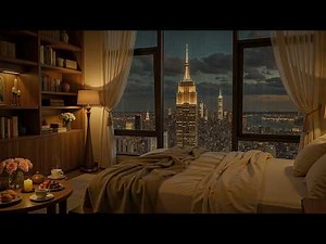 4K Cozy Bedroom with Night New York City Views | Soothing Jazz Piano Music for Study, Work & Relax