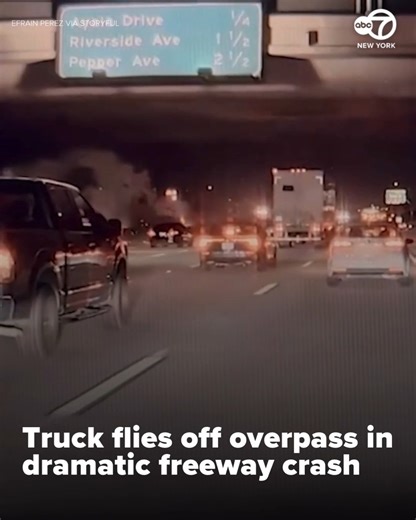 Dramatic dashcam footage captured the moment a truck plunged off an overpass in Rialto, California, crashing onto freeway below. The driver of the truck survived the crash, local police said. | ABC7NY
