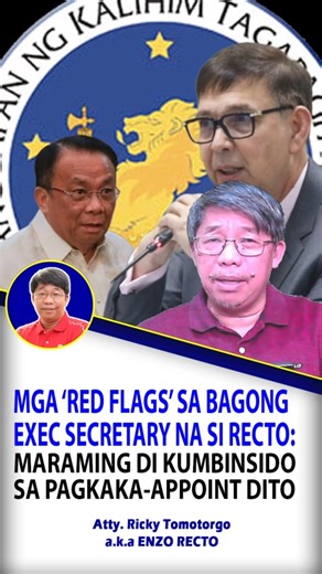 144K views · 2.7K reactions | MGA ‘RED FLAGS’ SA BAGONG EXEC SECRETARY NA SI RECTO: MARAMING DI KUMBINSIDO SA PAGKAKA-APPOINT DITO Panoorin ang buong video: YouTube: https://www.youtube.com/watch?v=FE9forJgSA8 Facebook: https://www.facebook.com/reel/1808385596549050 | Atty. Ricky Tomotorgo | Facebook
