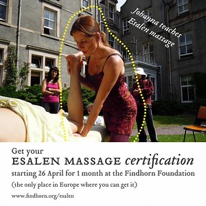 Get your Esalen massage certification in 1 month is at the Findhorn Foundation in the north of Scotland. Listen to the whole interview/podcast with teachers Johanna and Perry Holloman at the website. They explain more about Esalen massage and the close relationship between Esalen Institute and the Findhorn Foundation. By doing Esalen Massage at Findhorn you will get a taste of two centers at once. | Findhorn Foundation