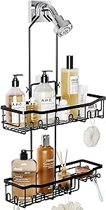 Shower Caddy Hanging Shelf: Over Shower Head Adjustable Height Organizer for Tall Bottle No Blocking to Showerhead - Extra Long Rack for Bathroom