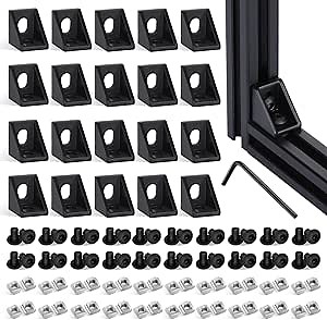 20 Set Black 2020 Series Aluminum Profile Connector Kit, 20pcs Corner Brackets with 40pcs M5 Screw Bolts and T Slide Nuts for 2020 Series Aluminum Profile Rail, T Slot Extrusion Accessories
