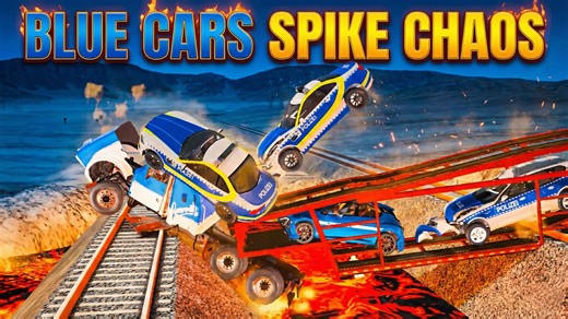 Blue cars vs massive spikes and extreme rail & lava pit obstacles