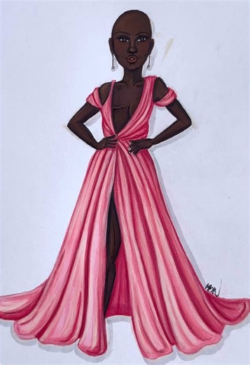 A pink gown perfect for spring 🌸 Featuring a woman with a single mastectomy 🎀 #satisfyingart #markersounds #asmrart Video Description: This satisfying asmr art video shows the coloring process of an inclusive fashion illustration featuring a woman with a single mastectomy. She has deep skin and no hair, and wears a pink gown that has a slit and shows her mastectomy scar. The drawing is made with alcohol markers, colored pencils, and liner pens on smooth Bristol paper.
