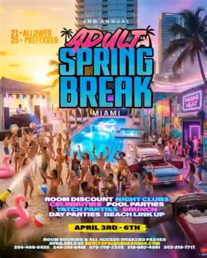 THE AUC CENTRAL📼📺 on Instagram: "#AUCCentralRelations🔁 🌴 Adult Spring Break Miami 2026 🌴 6 Events • 3 Nights • 1 Lit Weekend 🔥 🗓 Dates: April 3rd–6th 🎟 Age Requirements: 25+ Preferred | 21+ Allowed 💻 Tickets, Travel, And VIP Packages Are On Sale Now 🌐 AdultSpringBreakMIA.com 🎉 This Weekend Includes: ✅ Exclusive Group Chat With Hundreds Of 25+ Attendees 🤝 Welcome Meet & Greet Mixer 🛥 Bikini Boat Bash 🎶 Top Miami Nightclubs & VIP Experiences 🏖 Beach Link Ups 🥂 Brunch & Day Parties 
