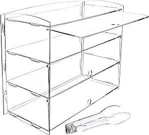Countertop Bakery and Pastry Display Case with Serving Tong, 3-Tier Clear Acrylic Display Box for Donuts, Bread, Cupcakes, Fruit - Perfect for Home Party, Snack Bars, Cafes, Bakeries, 19''x9''x18.5''
