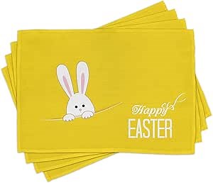 Ambesonne Yellow Place Mats Set of 4, Easter Bunny Rabbit Animal Cartoon Springtime Cheerful Fun Celebration Art Print, Washable Fabric Placemats for Dining Table, Standard Size, Yellow White