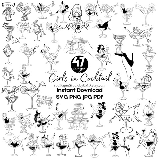 Retro Girls in Cocktail Clipart: Bachelorette Party Graphics (SVG, PNG, PDF) - Etsy