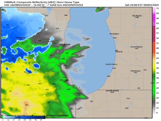 ANIMATED MODEL FORECAST OF PRECIP from Saturday afternoon through midday Monday. It shows rain tonight mixing with or changing to snow west of the city by Sunday morning and possible mixed snowflakes into the city Sunday. But it's the SUNDAY NIGHT & MONDAY MORNING lake snow plume which is the basis for the WINTER STORM WATCH. Lake snow plumes can impact very localized areas and just where this one lays out will determine whether and how much snow may fall and stick on the still warm ground adjac
