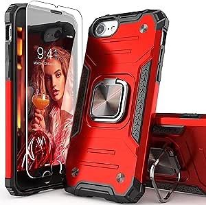 for iPhone SE 2020 Case with Screen Protector,Shockproof Drop Test Cover with Car Mount Kickstand Lightweight Protective Case for iPhone 6/6s/7/8/SE 2020/SE 3/2022, Red