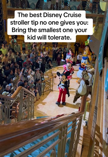 Just look at those crowds and imagine trying to navigate a big stroller through it (and on to an elevator) If you’re cruising with a toddler, you’re going to debate the stroller. The ship is contained. You’re not walking miles like the parks and everything feels “close.” On cruise ships hallways are narrow, elevators fill fast and the turning radius of your stroller suddenly matters. If you have a little kid you will be glad to have a stroller but bring the smallest one your child can sit in com
