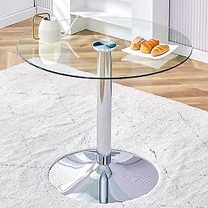 Round Glass Dining Table,35" Round Dining Table with Tempered Glass Table Top,Sturdy Silver Chrome Pole Support,Clear Small Narrow Round Dining Table for Kitchen,Home,Cafe(30" H