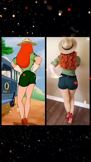 Front & back of my cosplay! #trailmixup #jessicarabbit #parkranger #fyp #cosplay #jessicarabbitcosplay #cosplayer #lunch #forest #cher #sonnyandcher
