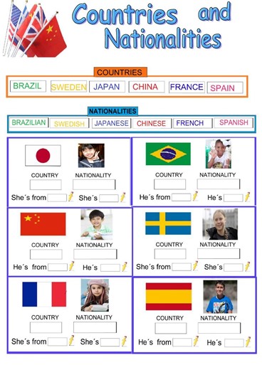 Countries, nationalities and flags interactive worksheet