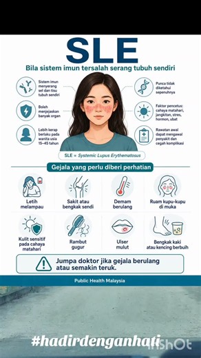 SLE: bila sistem imun tersalah serang tubuh sendiri Ada orang nampak sihat dari luar, tetapi tubuhnya sedang “berperang” setiap hari. SLE atau Systemic Lupus Erythematosus ialah penyakit autoimun kronik. Maksudnya, sistem imun yang sepatutnya melindungi badan tersalah menyerang tisu dan organ sendiri. Ia boleh melibatkan kulit, sendi, darah, buah pinggang, paru-paru, jantung dan sistem saraf. Gejala SLE boleh datang dan pergi. Ada masa stabil. Ada masa flare. Antara gejala yang boleh berlaku: Ra