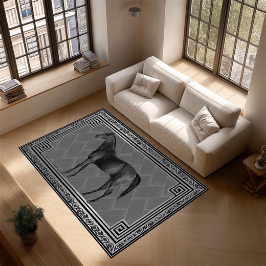 Horse Area Rug, Modern Greek Key Border Carpet, Minimalist Living Room Decor - Etsy