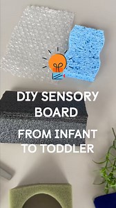 Create a sensory board to encourage growth and fine motor skills with this easy DIY hack 💡 WHAT YOU WILL NEED: ⭐️ Foam core or cardboard ⭐️ Hot glue gun ⭐️ Variety of textured materials (soft, bumpy, etc) A few of the materials we used here are: sponge, bubble wrap, plastic ball, and rocks. See what materials you have at home to make yours unique to your child. Use the hot glue gun to add objects—making sure each item is securely attached to the board. WAYS TO USE SENSORY BOARD: ⭐️ Place on the