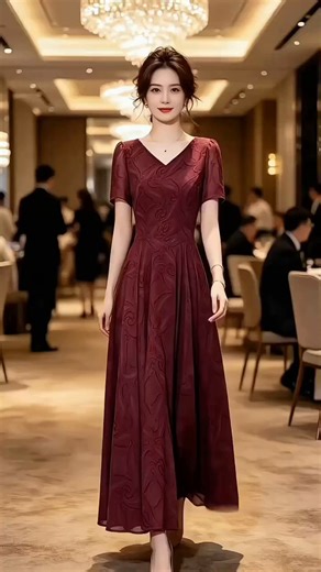 瑞秋儿连衣裙女夏季新款女装法式时尚精致减龄收腰显瘦V领短袖长裙子 酒红色 L