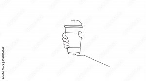 Animated self drawing of continuous line draw hand holding bubble tea plastic cup. Boba tea, a sweet Taiwanese milk tea drink popular in Asia. Trend food, drink concept. Full length one line animation