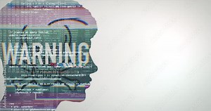 Hacker code warning symbol skull running through side view of male sillhouette. Seamless looping background animation. Stock Video