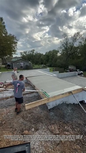 How a Concrete Crew Finishes a Large Basement Floor Slab With a Bull Float and Power Trowel 🏗️