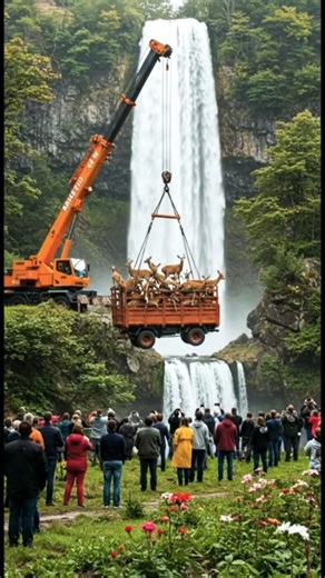 🦌🚛💦😱🌊 Airlifting an Entire Herd of Deer Over a Waterfall #DeerRescue #viralshorts