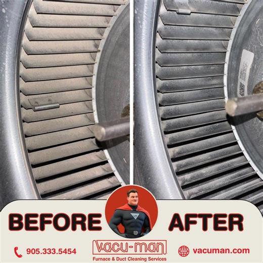 🌀 When your blower fan looks like it’s been through a dust storm, you’re not getting clean air — you’re getting recycled fluff! That buildup makes your furnace work overtime, drives up hydro bills, and spreads dust through the house. One Vacu-Man cleaning later, and this fan was spinning smoother than a Zamboni on fresh ice. 💨 Cleaner fans mean better airflow, lower energy costs, and a furnace that breathes freely again. Family-owned since 1979, proudly Indigenous-inclusive, and trusted across