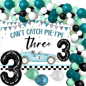 JeVenis Can't Catch Me I'm 3 Birthday Decorations Cars Birthday Party Supplies 3 Year Old Boy Three Birthday Decoration with Backdrop and Balloons