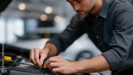 A close-up maintenance moment captures hands installing a compact chip module, the tuning box integrated directly with the engine of a performance focused car. cinematic color correction, natural