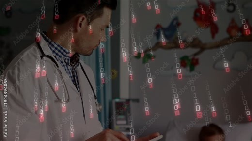 Dr tapping tablet and leaning toward patient, creating falling binary overlay and checking in peds