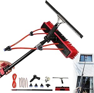 24 Feet Solar Panel Cleaning Brush Extendable Pole Water Hose Fed Brush Tall Window Cleaning Brush Telescoping Spray Brush with Squeegee and Water Line for Cleaning Solar Panel, Roof, Pool, RV