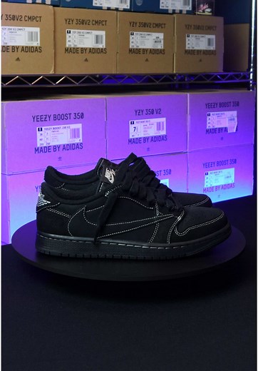 116/365 Introducing the Air Jordan 1 Retro Low OG SP Travis Scott “Black Phantom.” This striking all‑black nubuck edition of Travis Scott’s signature Jordan 1 Low sports his unmistakable reverse Swoosh accented by bold contrast stitching. A Nike Air tongue tag, Air Jordan Wings logo on the right heel, and an embroidered bee on the left heel— a nod to Travis’s daughter Stormi—complete the detailing. Each pair ships with three lace options (red, black, and white/black). The “Black Phantom” colorwa