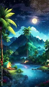 tropical island with palm trees, seamless looping video background animation