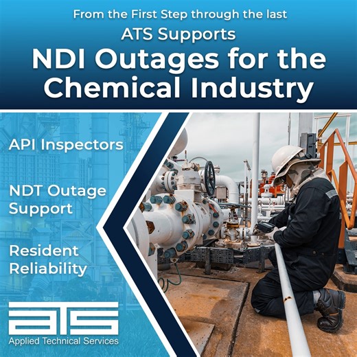 Did you know ATS offers mechanical integrity, reliability, and NDT inspection solutions for the chemical industry? Whether you are looking for continuous support through our resident placements or an outage team to work strategically through a turnaround checklist of tanks, pressure vessels, and associated piping systems, we have you covered. Could you use help managing the reliability of motors, pumps, and rotating equipment, with the ability to plan maintenance at a time most convenient for th