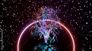 Abstract Tree of Life with roots on earth planet. Place for logo. Template. Seamless loop animation for movie, stage design, presentation or spiritual symbols and sacred geometry related projects
