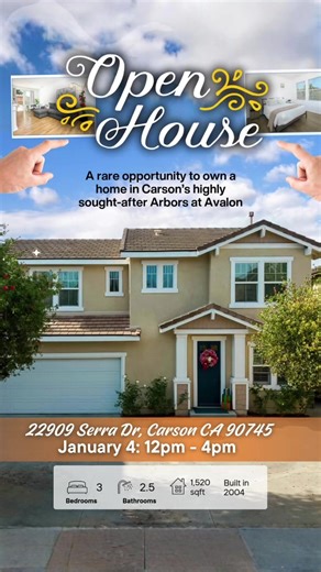Highly sought-after OPEN HOUSE in the lovely Arbors at Avalon Gated Community! ⭐️ WHEN? This Sunday, January 4th from 12-4pm. WHERE? 22909 Serra Drive, Carson CA 90745 Check it out, rain or shine! See you there. — Shaan Clive, Realtor️ ☎️ (562) 305-9878 Email: shaanclive@aol.com DRE 01267602 Like, Follow, and Share! — 🏡🧐 Want to see how much your home would sell in today’s market? Visit this link: shaanclive.officialpropertyvalue.com/analysis — #openhouse #realestate #carson #house #firsttimeb