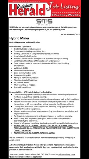 5.6K views · 16 reactions | SMS Mining is Hiring 1. Hybrid Miner 2. Hybrid - Mining Assistant 3. Hybrid - Rock Drill Operator (HPE) 4. Hybrid - Scraper Winch Operator 5. Hybrid - Team Leader Location: Lydenburg Interested parties should submit their CV's (PDF Format) to cv@smsmining.co.za | Precious Mkhatshwa | Facebook
