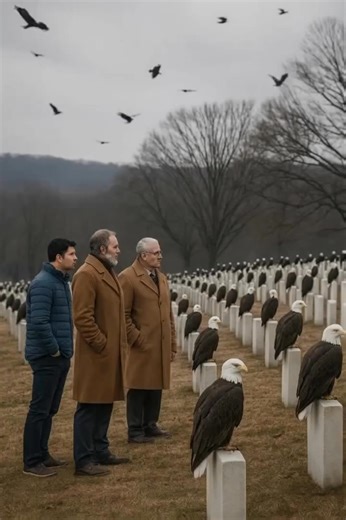 During the soldiers’ funeral, something unbelievable happened: dozens of eagles suddenly descended onto the gravestones — leaving everyone speechless. 😨😱 A hundred fallen soldiers, all buried side by side, each with the same simple gravestone — a powerful symbol of unity, sacrifice, and eternal honor. Families had gathered on that cold autumn day, holding flowers, handkerchiefs, and memories that weighed heavily on their hearts. As the minute of silence began, the cemetery stood completely sti