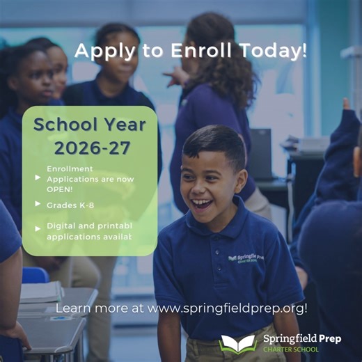 💙 Apply Now for 2026–27! 💚 Springfield Prep is an inclusive K–8 charter PUBLIC school that prepares students for high school, college, and life. ✏️📚 Free. Public. Open to all. 🏫 Apply to enroll today at the link in bio! | Springfield Prep Charter School